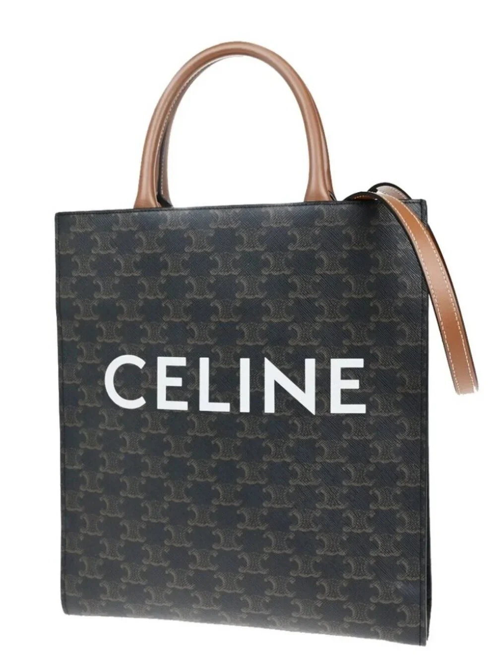 CELINE Logo Vertical Cabas 2Way Hand Tote Bag Triomphe Canvas Leather